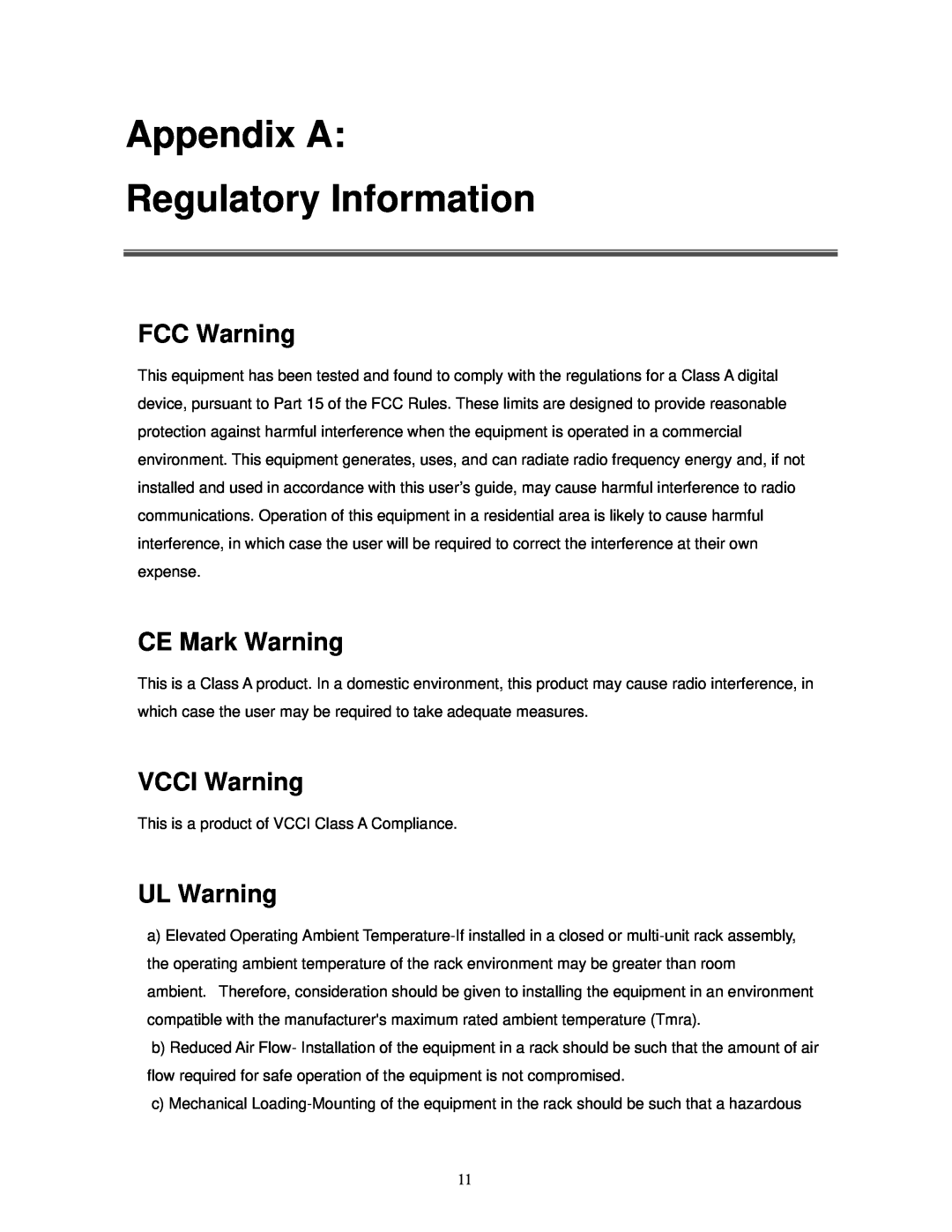 Milan Technology MIL-S16000T Appendix A Regulatory Information, FCC Warning, CE Mark Warning, VCCI Warning, UL Warning 
