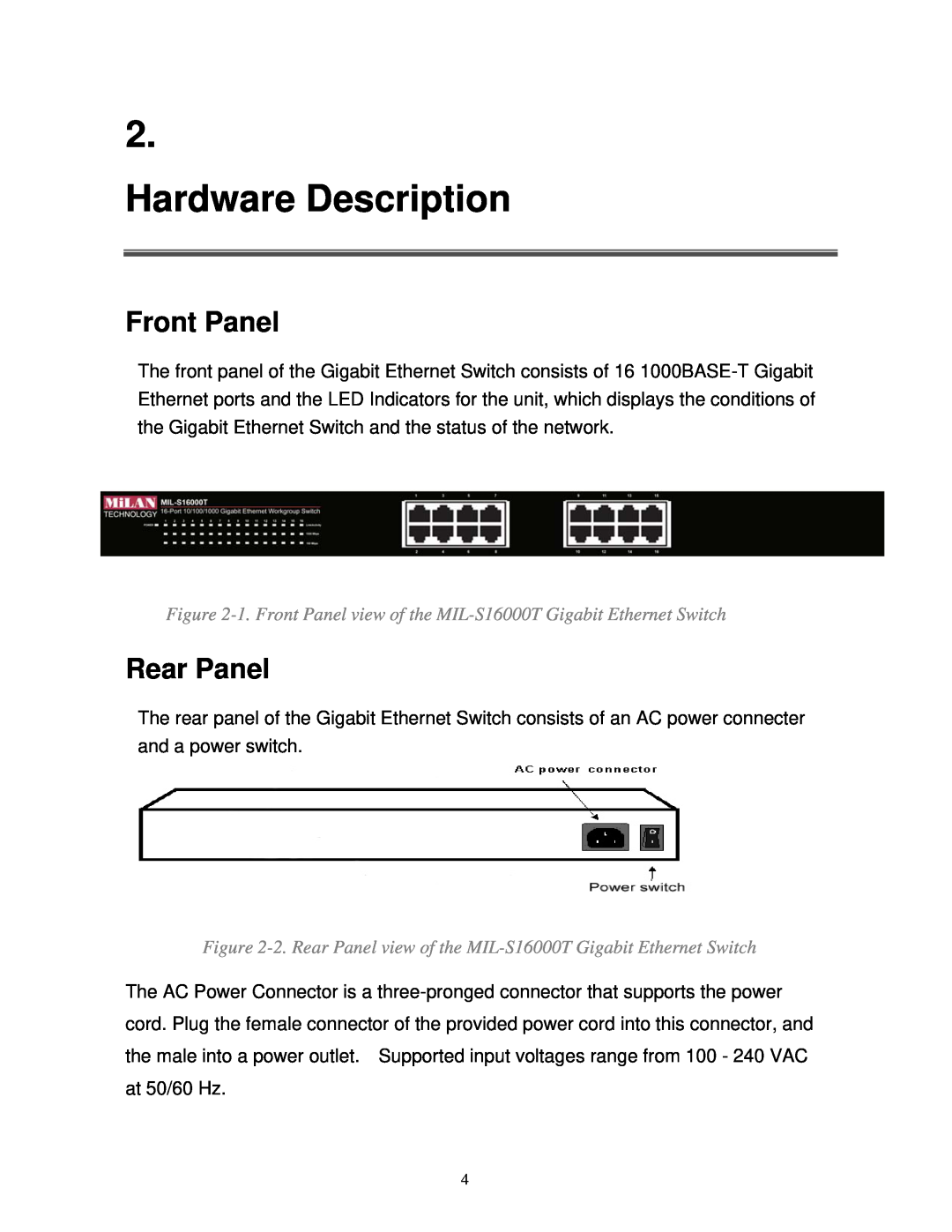 Milan Technology MIL-S16000T manual Hardware Description, Front Panel, Rear Panel 