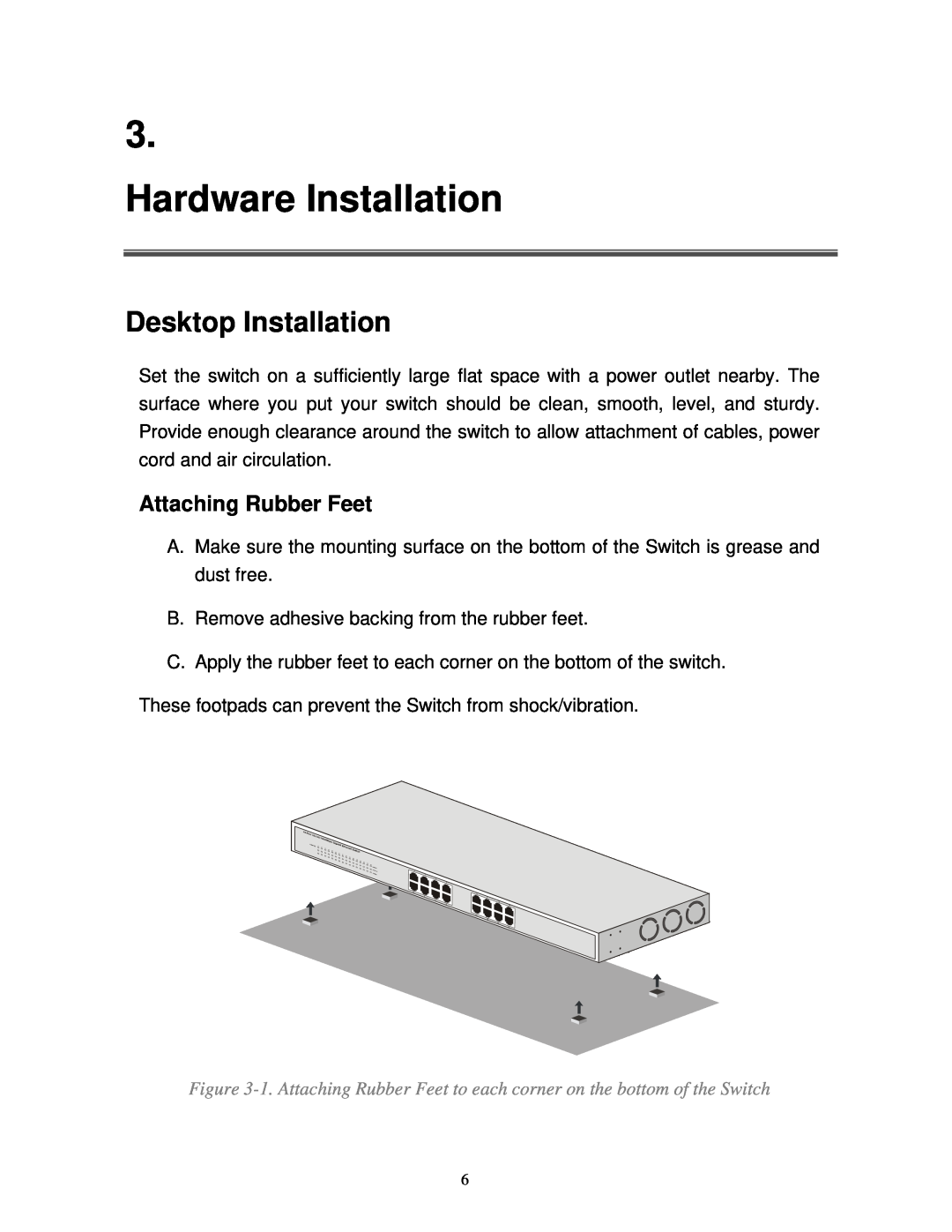 Milan Technology MIL-S16000T manual Hardware Installation, Desktop Installation, Attaching Rubber Feet 