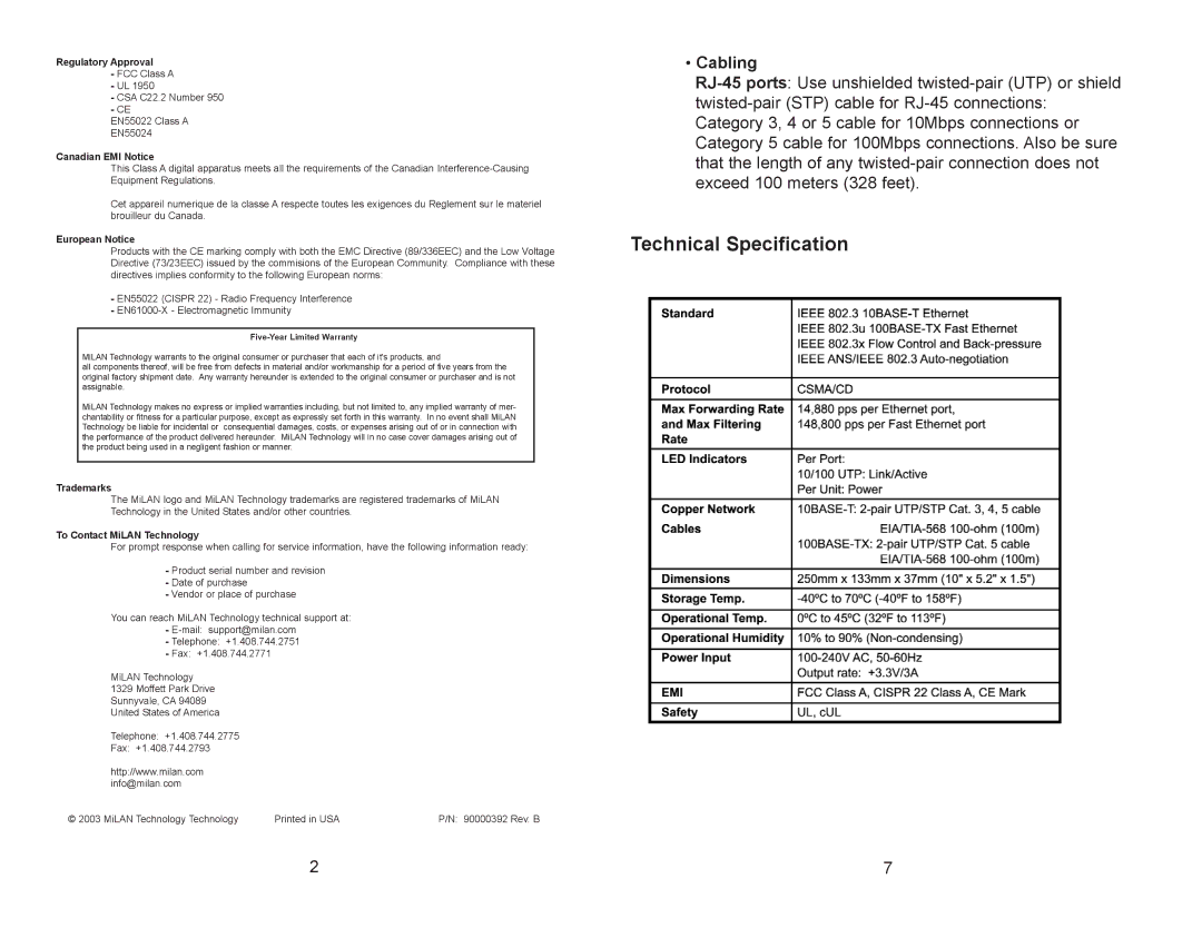 Milan Technology MIL-S1600S manual Technical Specification, Cabling 