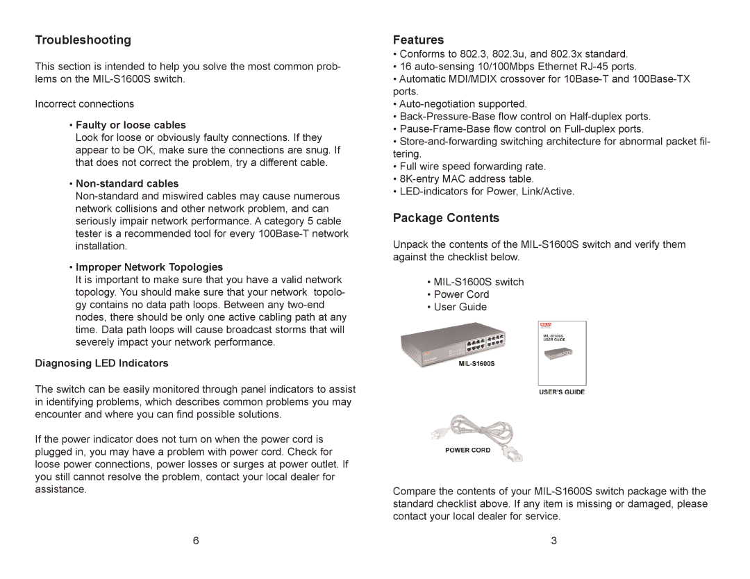 Milan Technology MIL-S1600S manual Troubleshooting, Features, Package Contents 