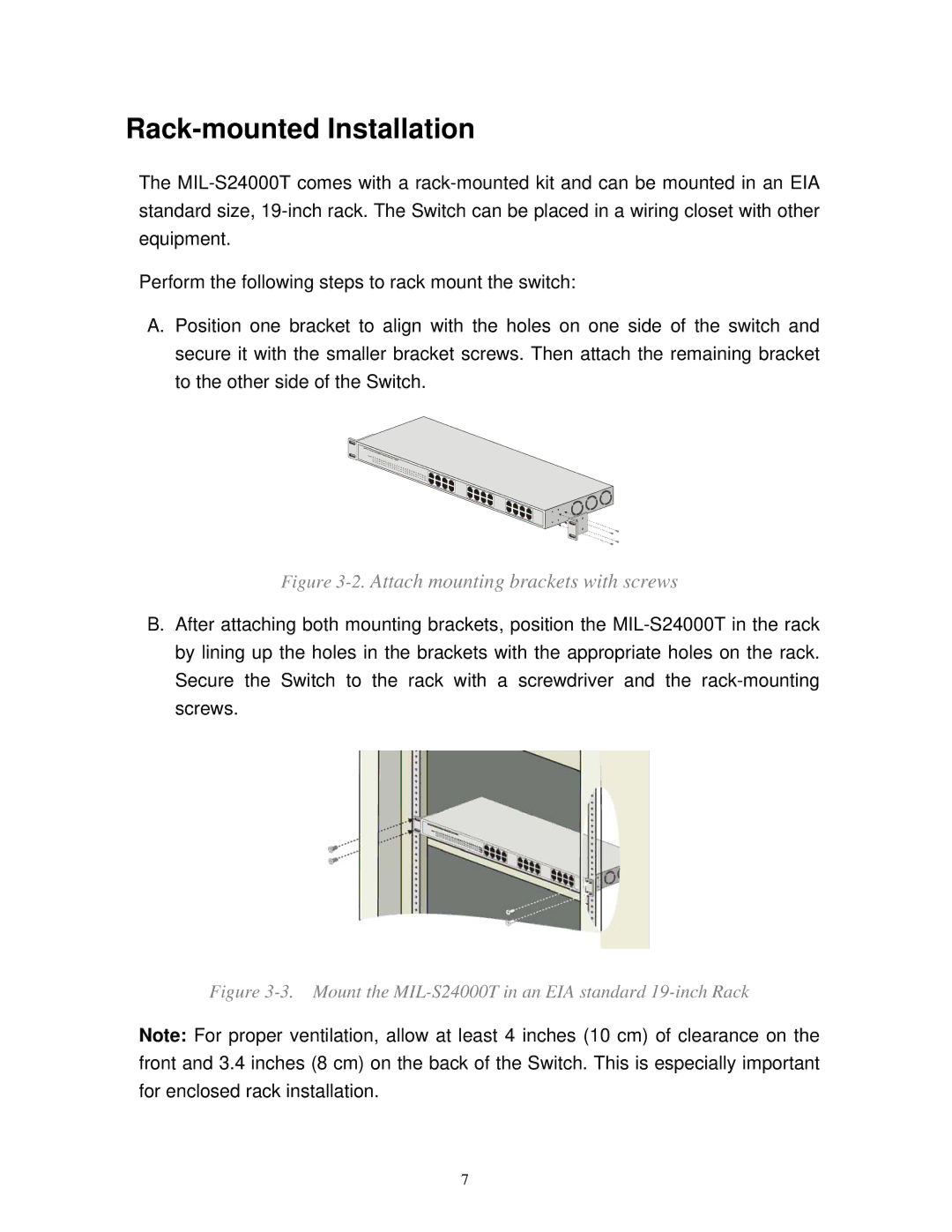 Milan Technology MIL-S24000T manual Rack-mounted Installation, Attach mounting brackets with screws 