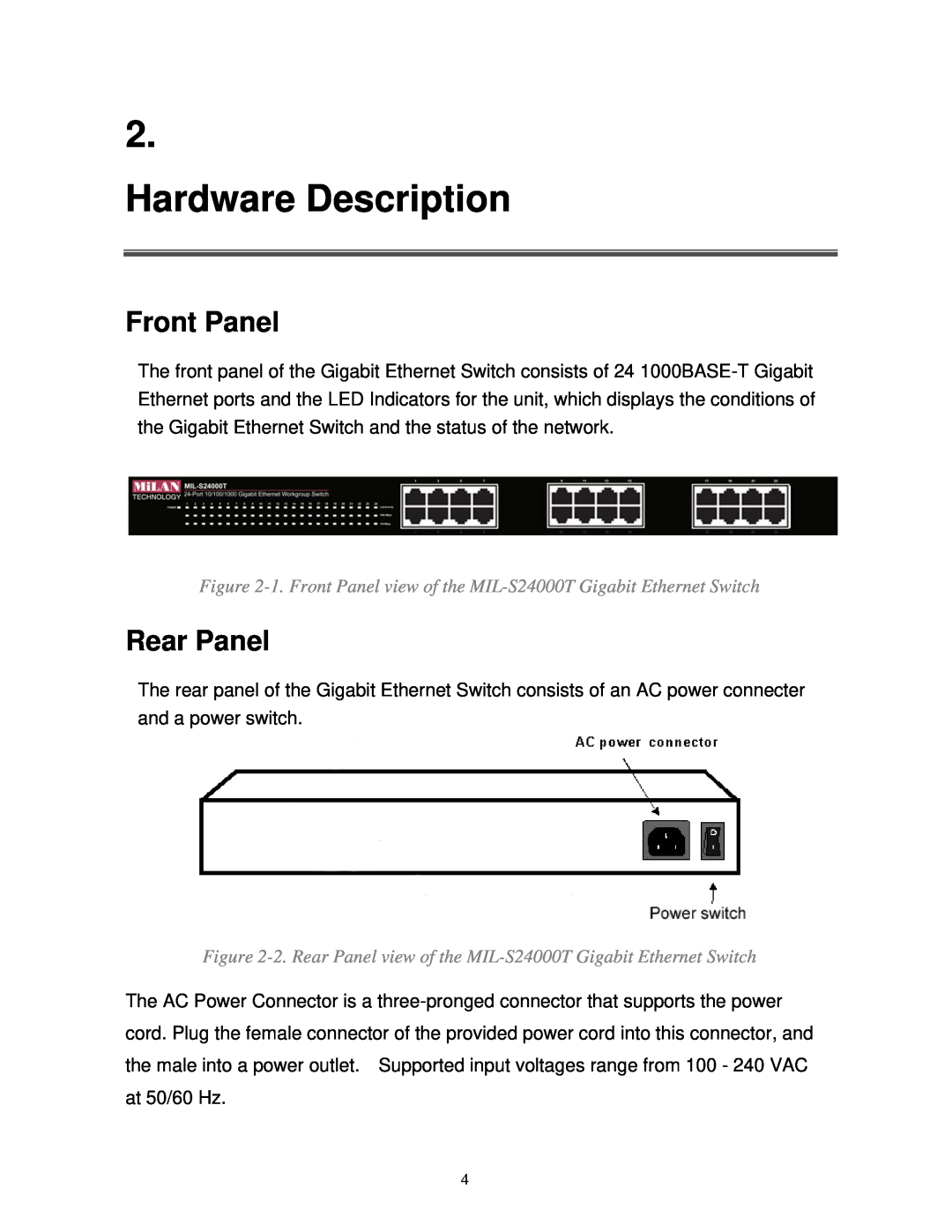 Milan Technology MIL-S24000T manual Hardware Description, Front Panel, Rear Panel 