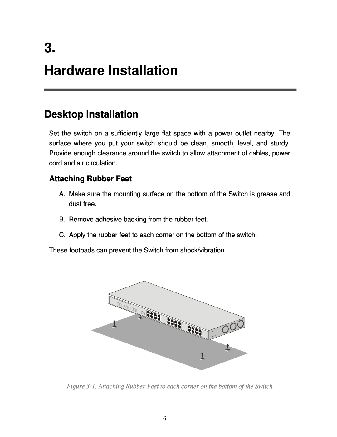 Milan Technology MIL-S24000T manual Hardware Installation, Desktop Installation, Attaching Rubber Feet 