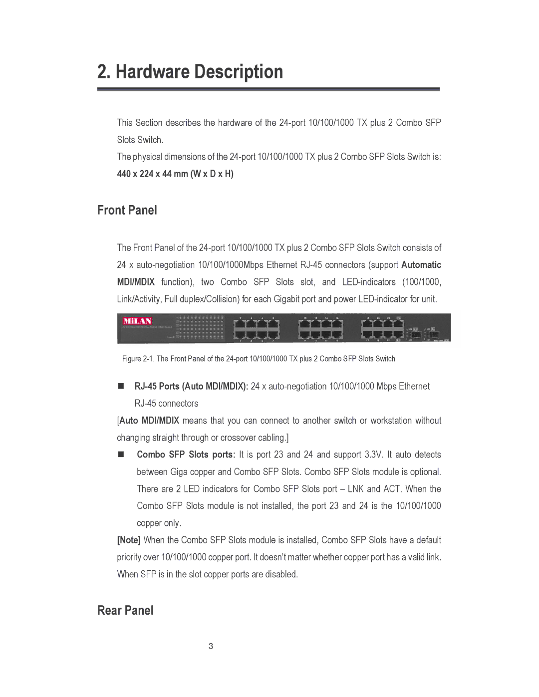 Milan Technology MIL-S24002TGXX manual Hardware Description, Front Panel, Rear Panel, 440 x 224 x 44 mm W x D x H 