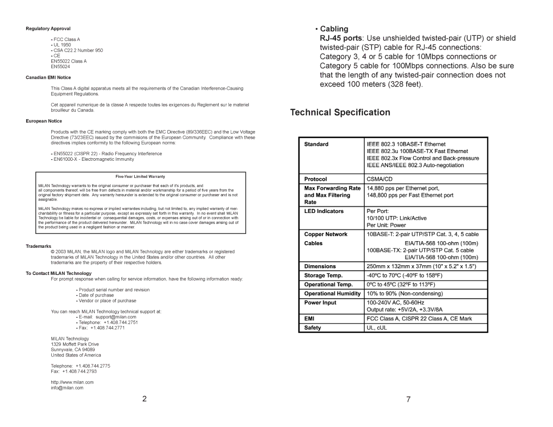 Milan Technology mil-s2400s manual Technical Specification, Cabling 