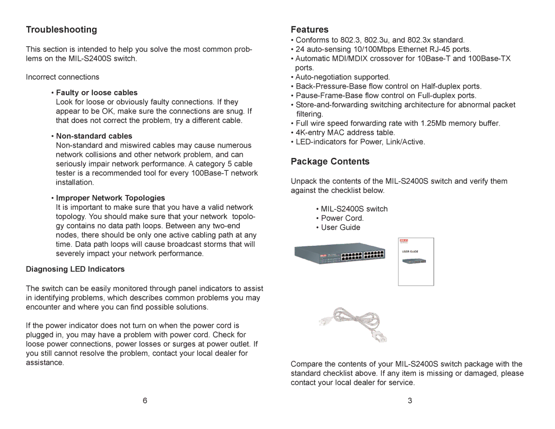 Milan Technology mil-s2400s manual Troubleshooting, Features, Package Contents 