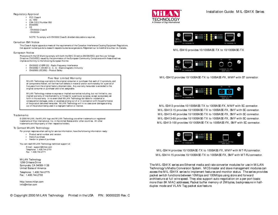 Milan Technology warranty Installation Guide MIL-S341X Series 