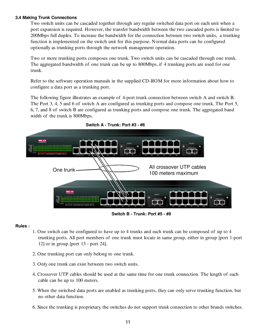 Milan Technology MIL-S3570 manual One trunk All crossover UTP cables Meters maximum 