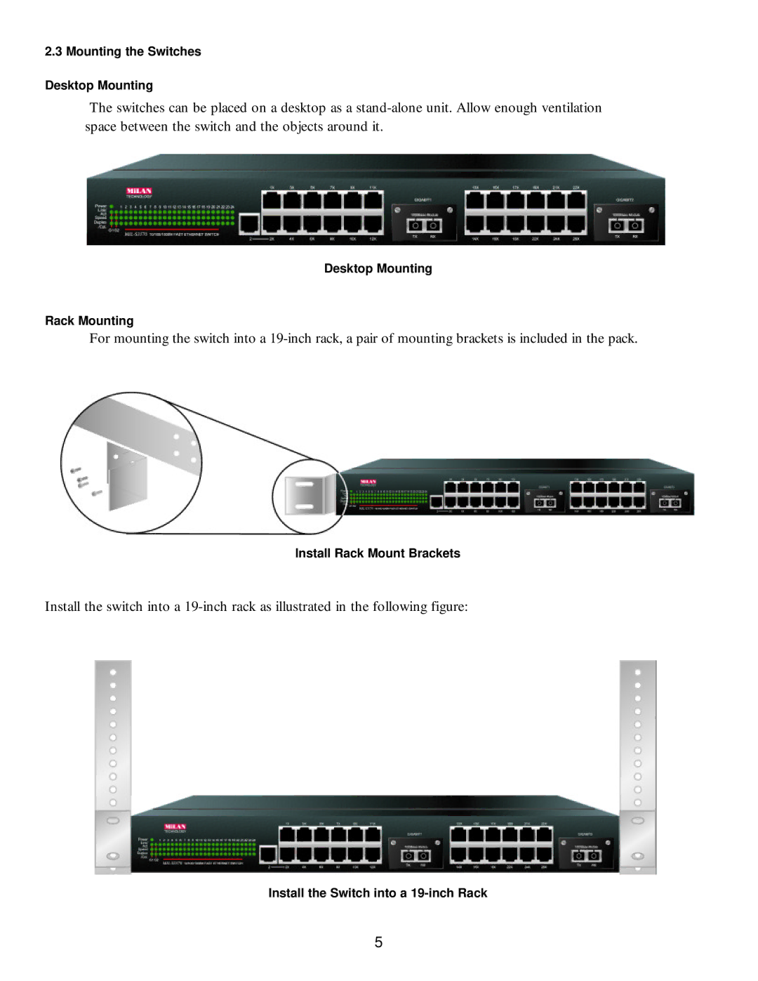 Milan Technology MIL-S3570 manual Mounting the Switches Desktop Mounting 