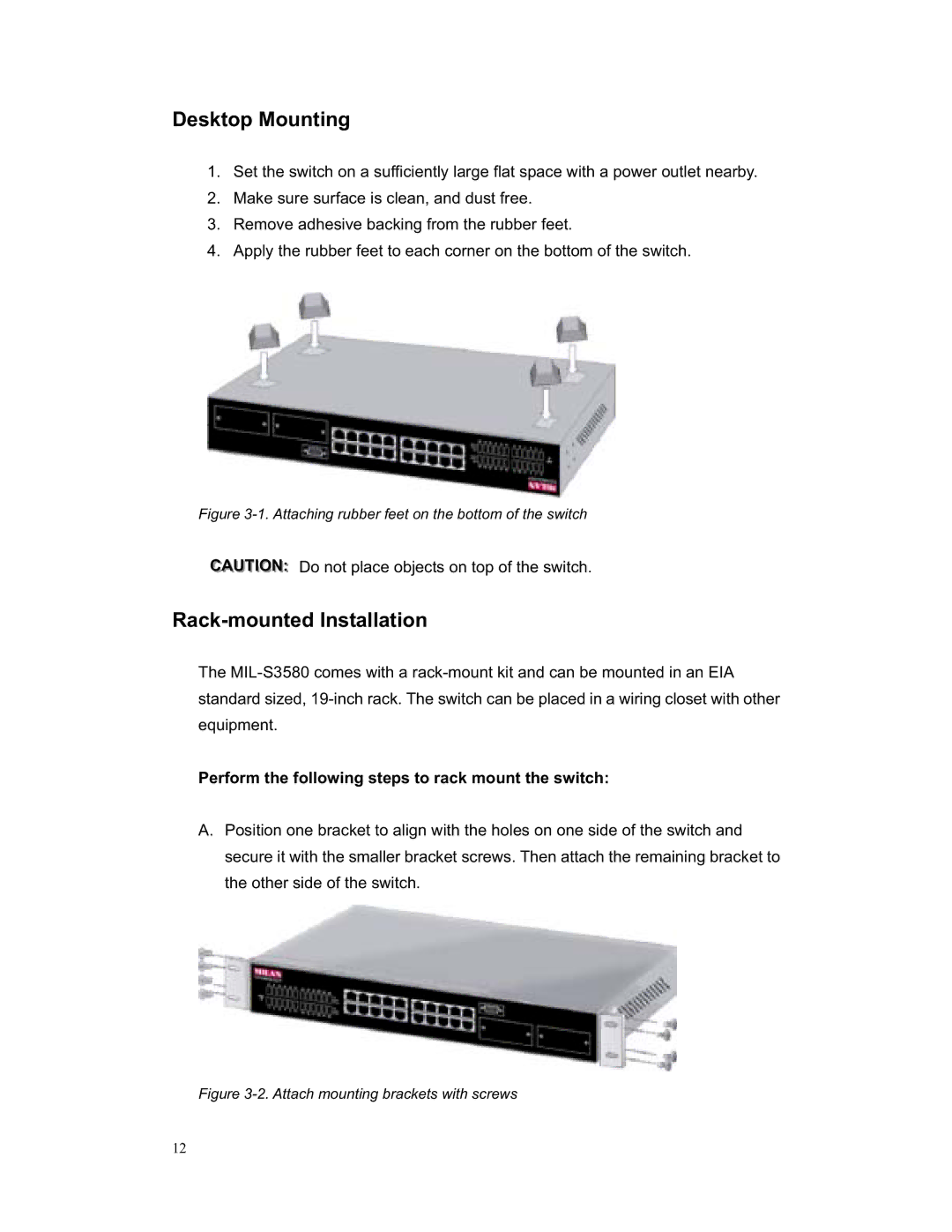 Milan Technology MIL-S3580 manual Desktop Mounting, Rack-mounted Installation 