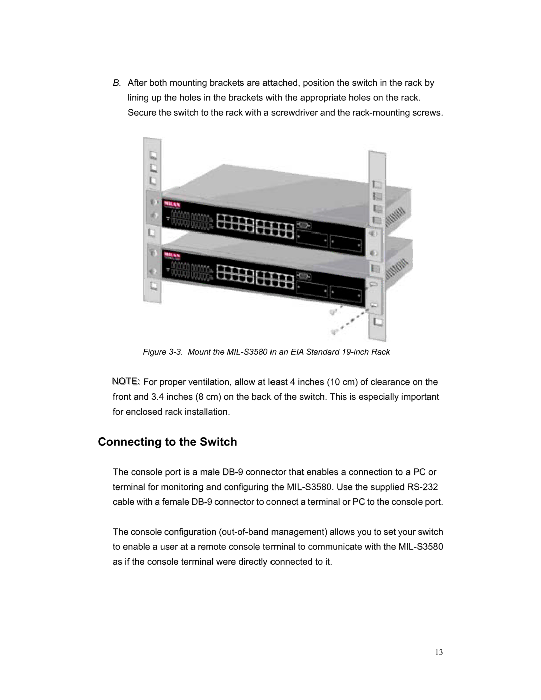 Milan Technology manual Connecting to the Switch, Mount the MIL-S3580 in an EIA Standard 19-inch Rack 