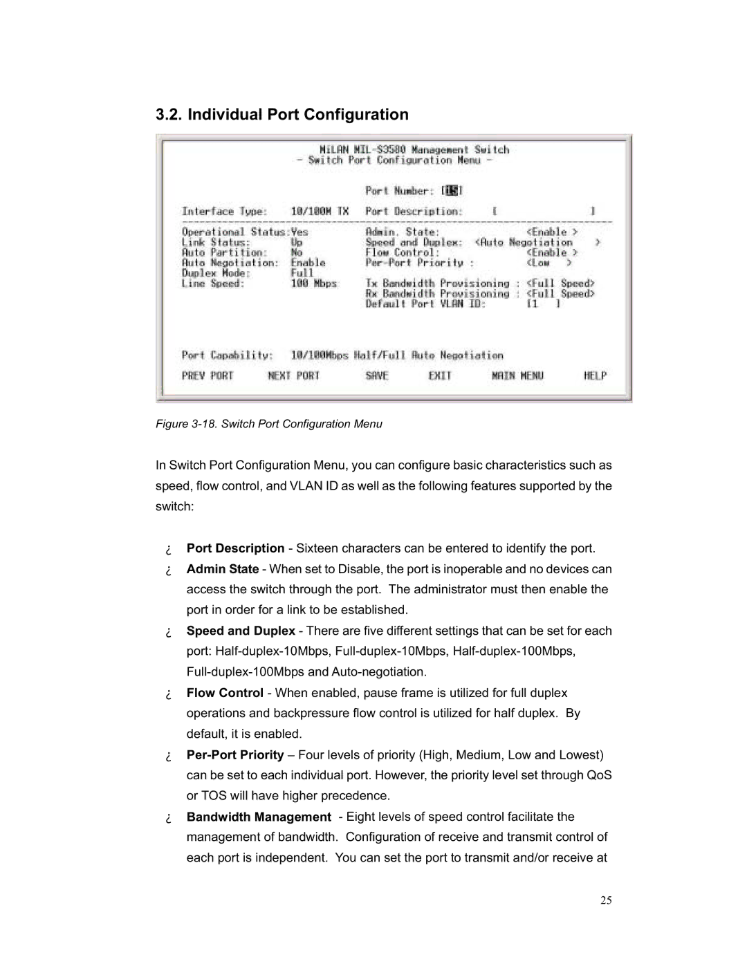 Milan Technology MIL-S3580 manual Individual Port Configuration, Switch Port Configuration Menu 