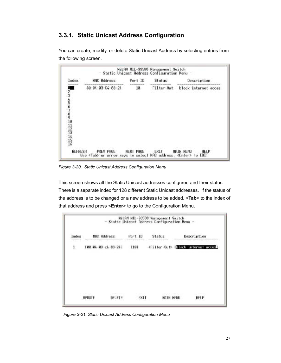 Milan Technology MIL-S3580 manual Static Unicast Address Configuration Menu 