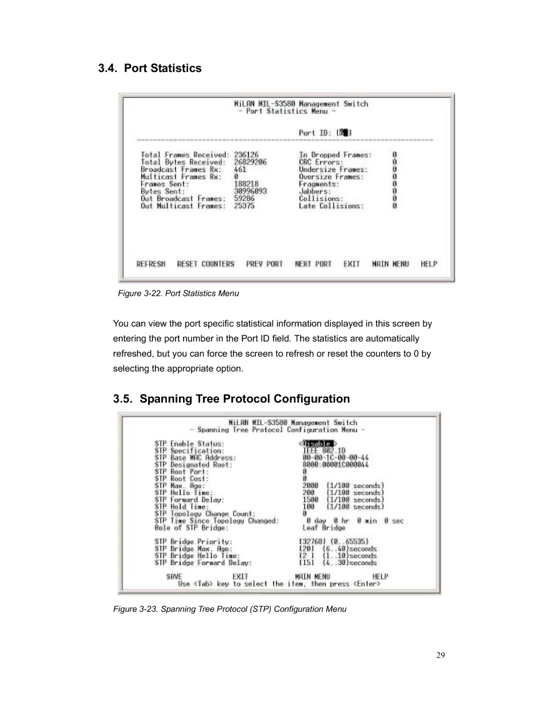 Milan Technology MIL-S3580 manual Port Statistics, Spanning Tree Protocol Configuration 