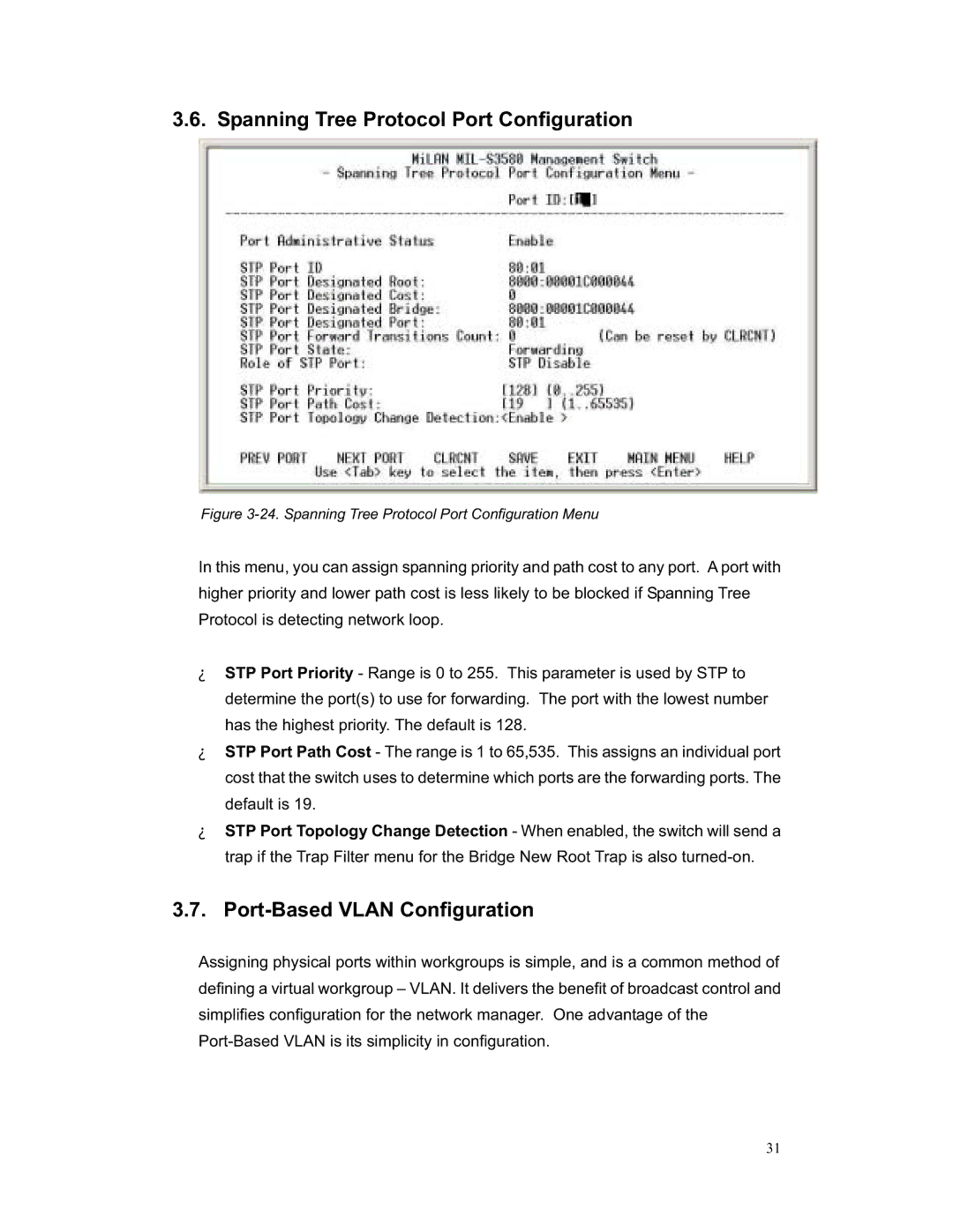 Milan Technology MIL-S3580 manual Spanning Tree Protocol Port Configuration, Port-Based Vlan Configuration 