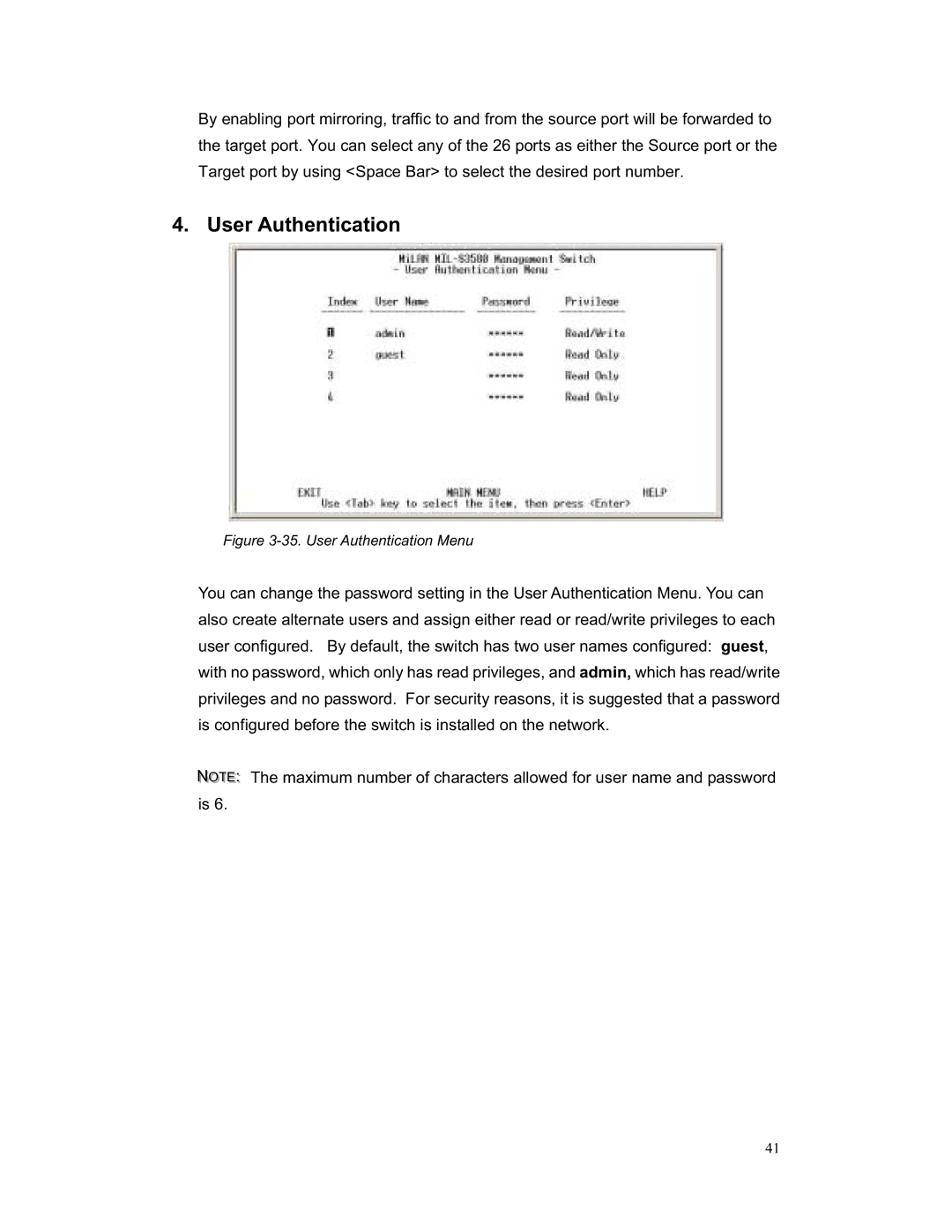 Milan Technology MIL-S3580 manual User Authentication Menu 