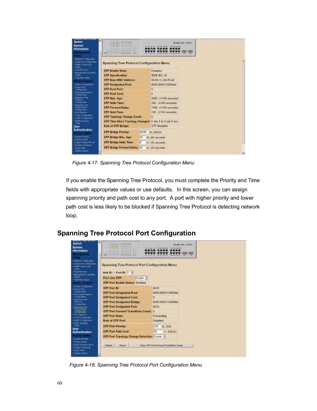 Milan Technology MIL-S3580 manual Spanning Tree Protocol Configuration Menu 