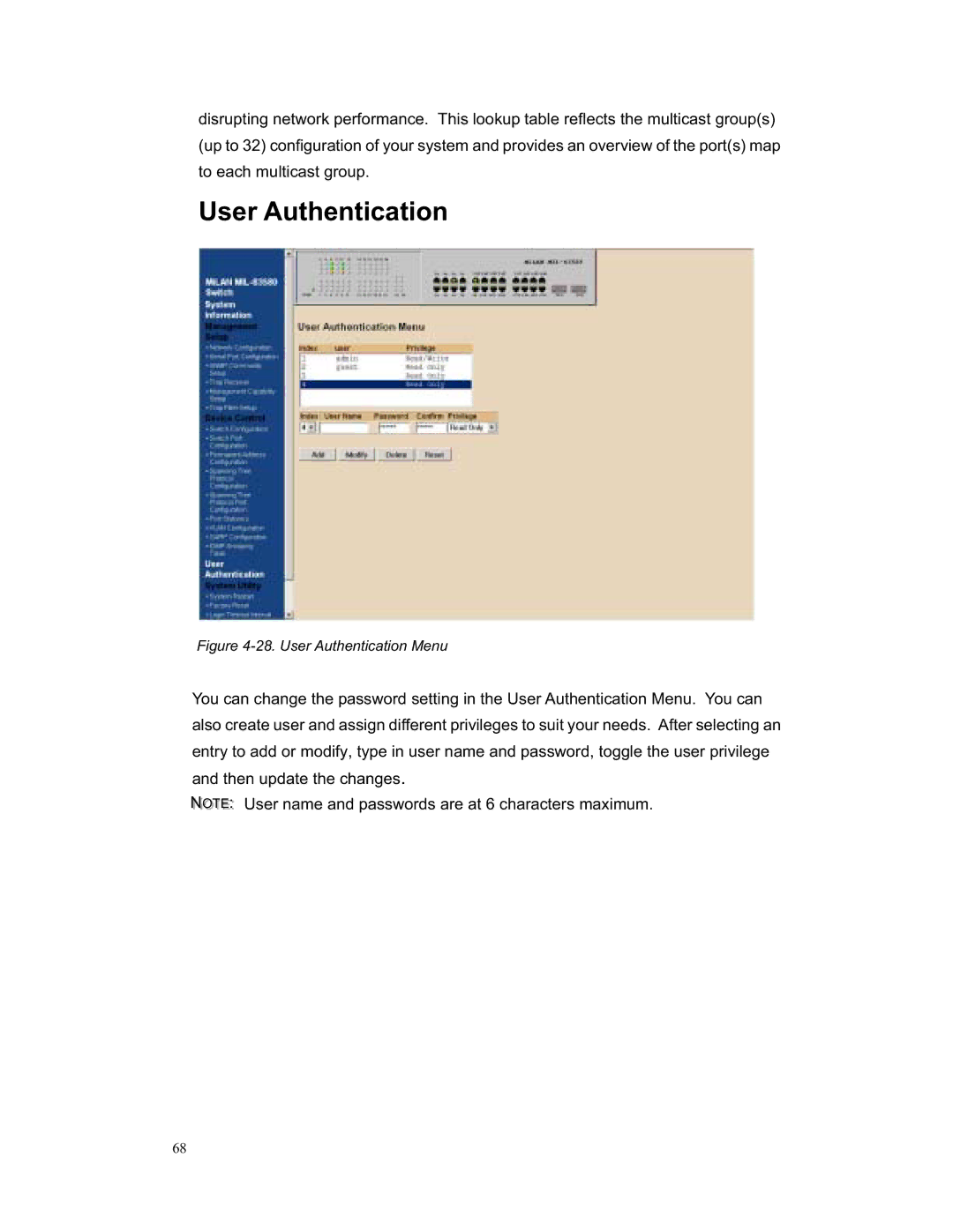 Milan Technology MIL-S3580 manual User Authentication Menu 