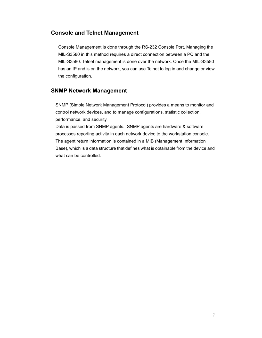 Milan Technology MIL-S3580 manual Console and Telnet Management, Snmp Network Management 