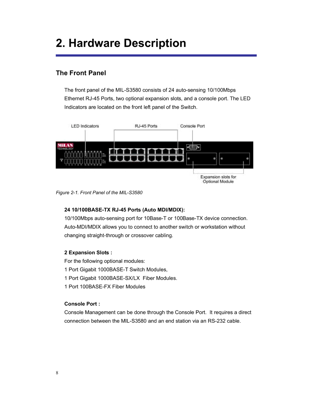 Milan Technology MIL-S3580 manual Hardware Description, Front Panel 