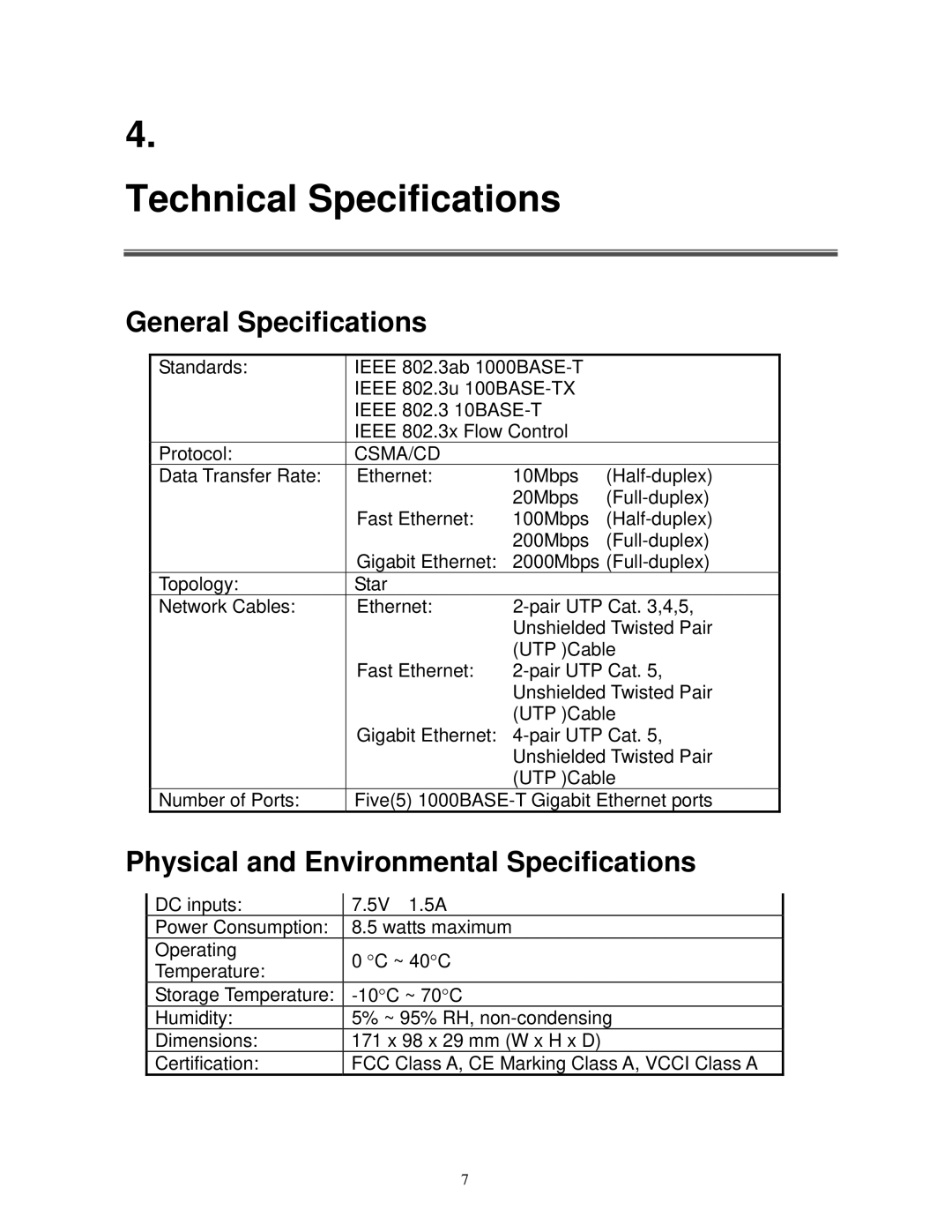 Milan Technology MIL-S5000T Technical Specifications, General Specifications, Physical and Environmental Specifications 