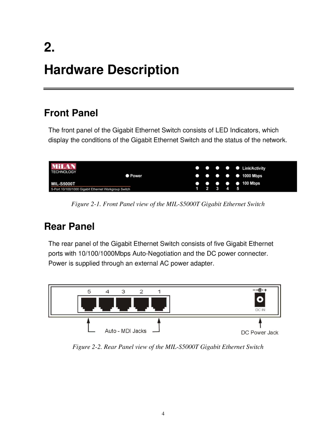 Milan Technology MIL-S5000T manual Hardware Description, Front Panel, Rear Panel 