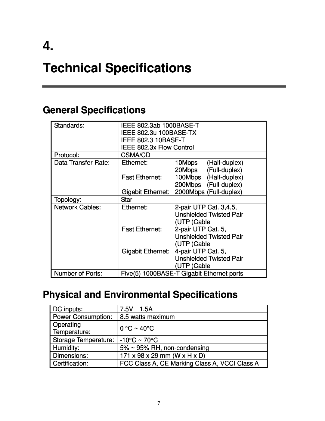 Milan Technology MIL-S5000T Technical Specifications, General Specifications, Physical and Environmental Specifications 