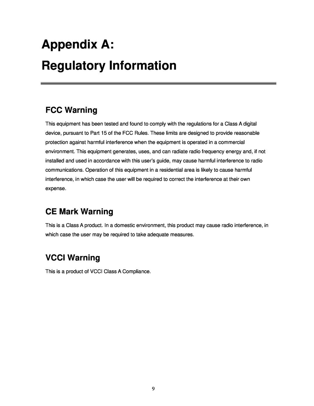 Milan Technology MIL-S5000T manual Appendix A Regulatory Information, FCC Warning, CE Mark Warning, VCCI Warning 