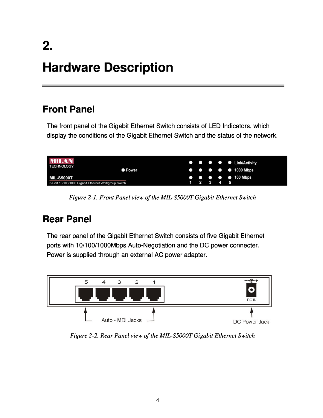 Milan Technology MIL-S5000T manual Hardware Description, Front Panel, Rear Panel 