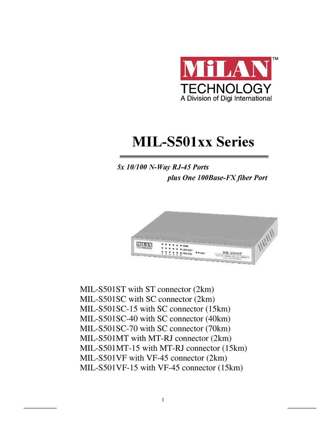 Milan Technology MIL-S501ST, MIL-S501SC-70, MIL-S501MT-15, MIL-S501VF-15, MIL-S501SC-40 manual MIL-S501xx Series 