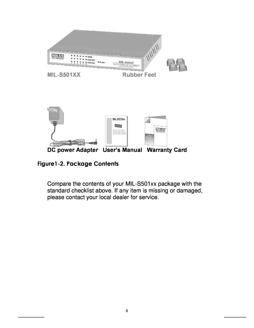 Milan Technology MIL-S501SC-70 MIL-S501XX, DC power Adapter User’s Manual Warranty Card, 2. Package Contents, Rubber Feet 