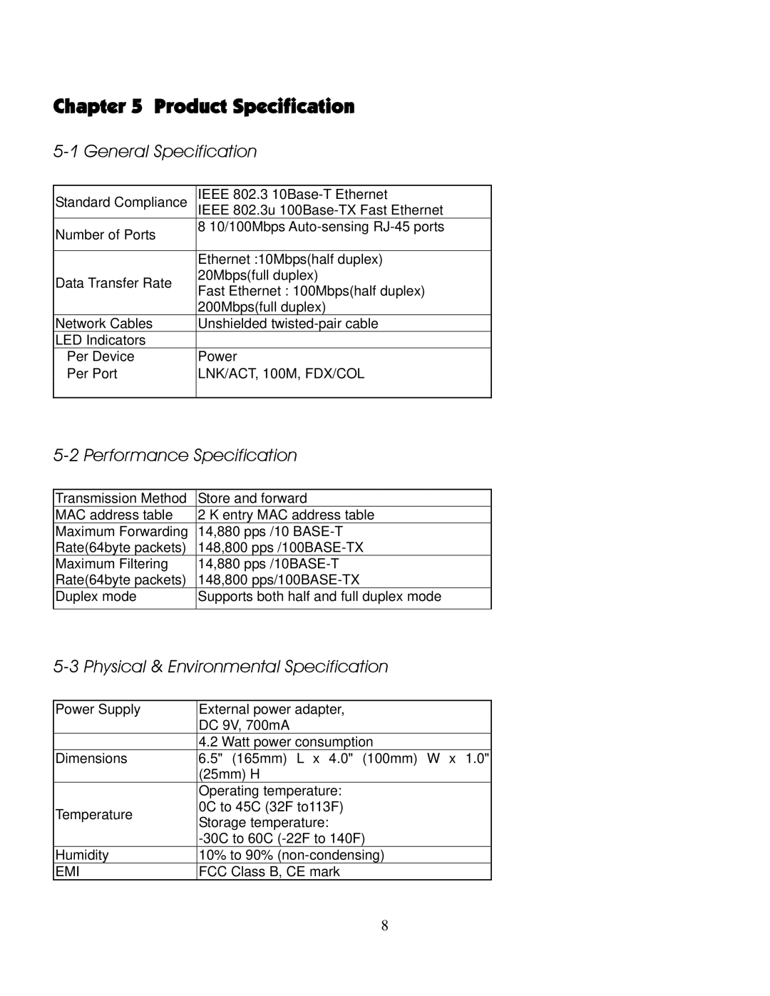 Milan Technology MIL-S800 manual Product Specification, General Specification, Performance Specification 