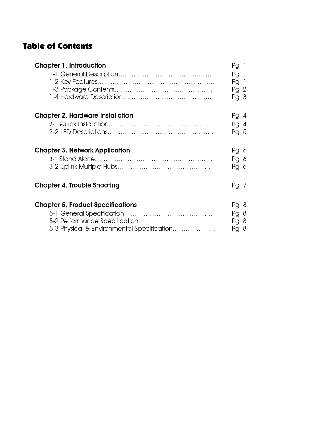 Milan Technology MIL-S800 manual Table of Contents 