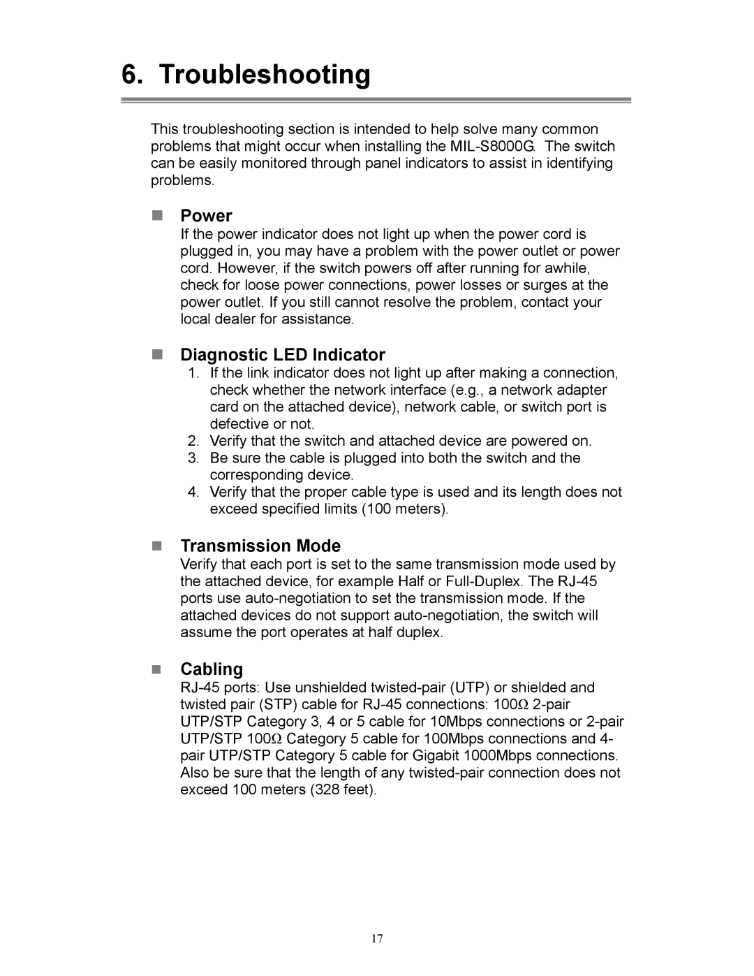 Milan Technology MIL-S8000G manual Troubleshooting, „ Power, „ Diagnostic LED Indicator, „ Transmission Mode, „ Cabling 