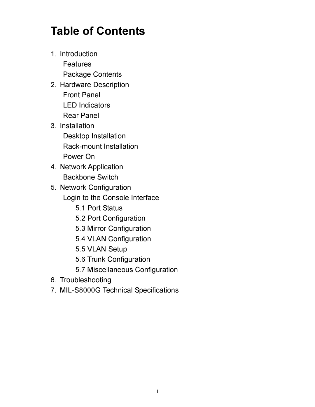 Milan Technology MIL-S8000G manual Table of Contents 