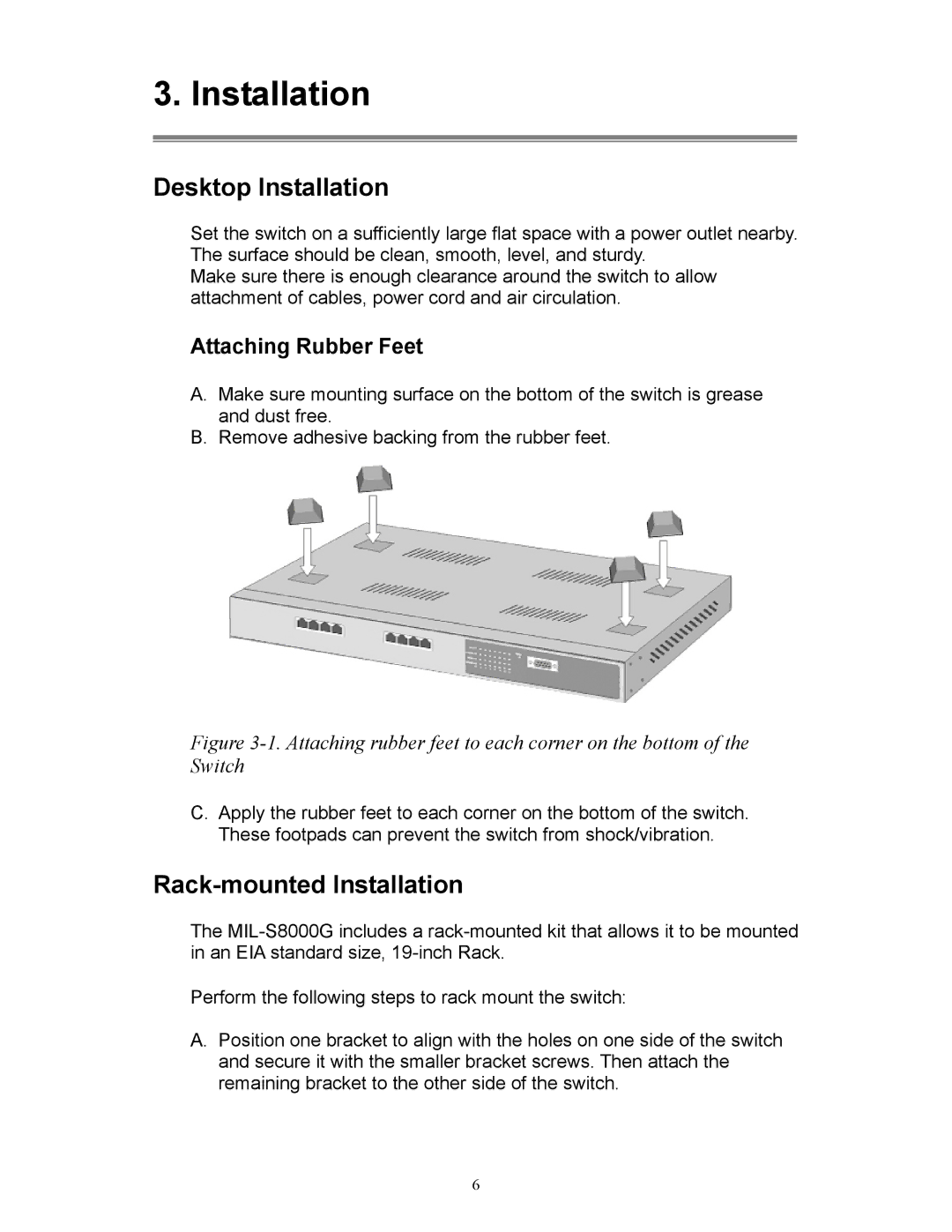 Milan Technology MIL-S8000G manual Desktop Installation, Rack-mounted Installation, Attaching Rubber Feet 