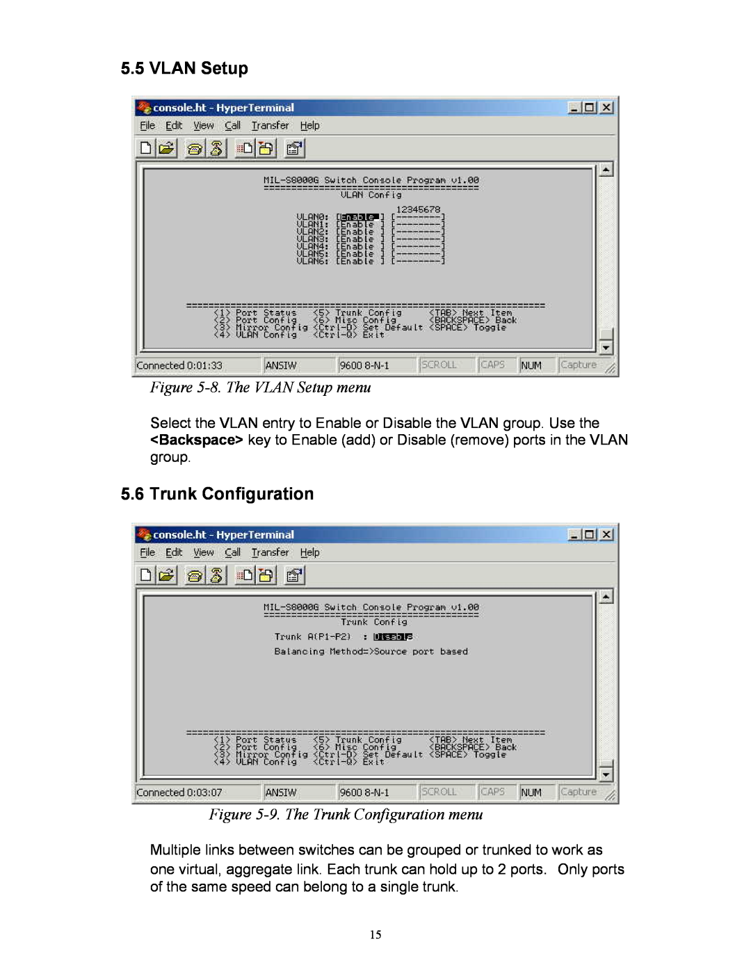 Milan Technology MIL-S8000G manual 8. The VLAN Setup menu, 9. The Trunk Configuration menu 