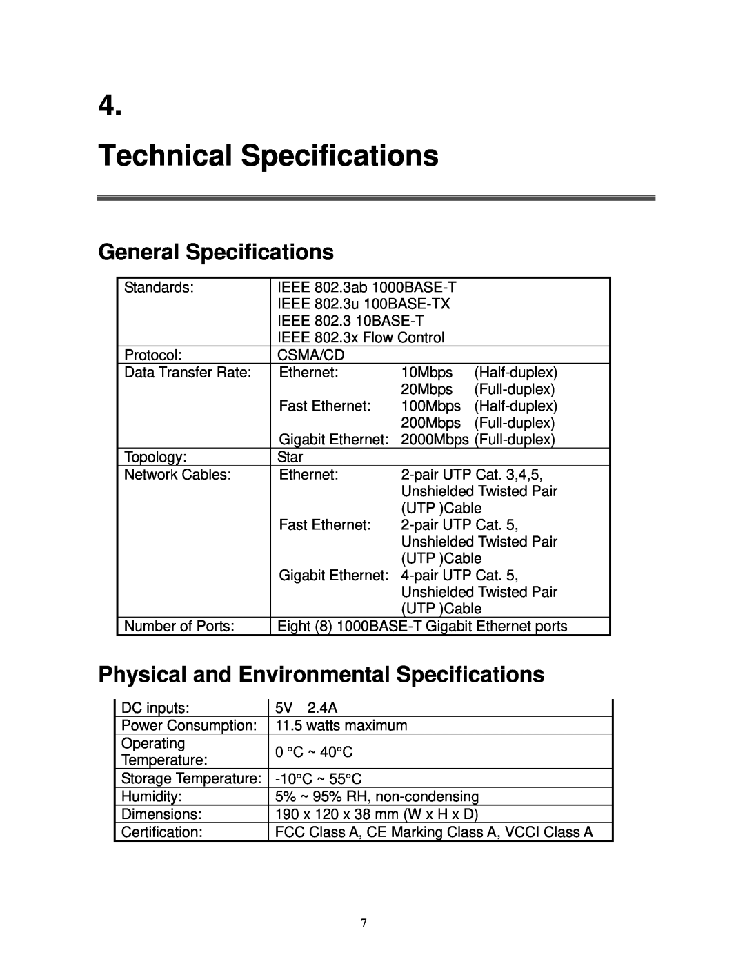 Milan Technology MIL-S8000T Technical Specifications, General Specifications, Physical and Environmental Specifications 