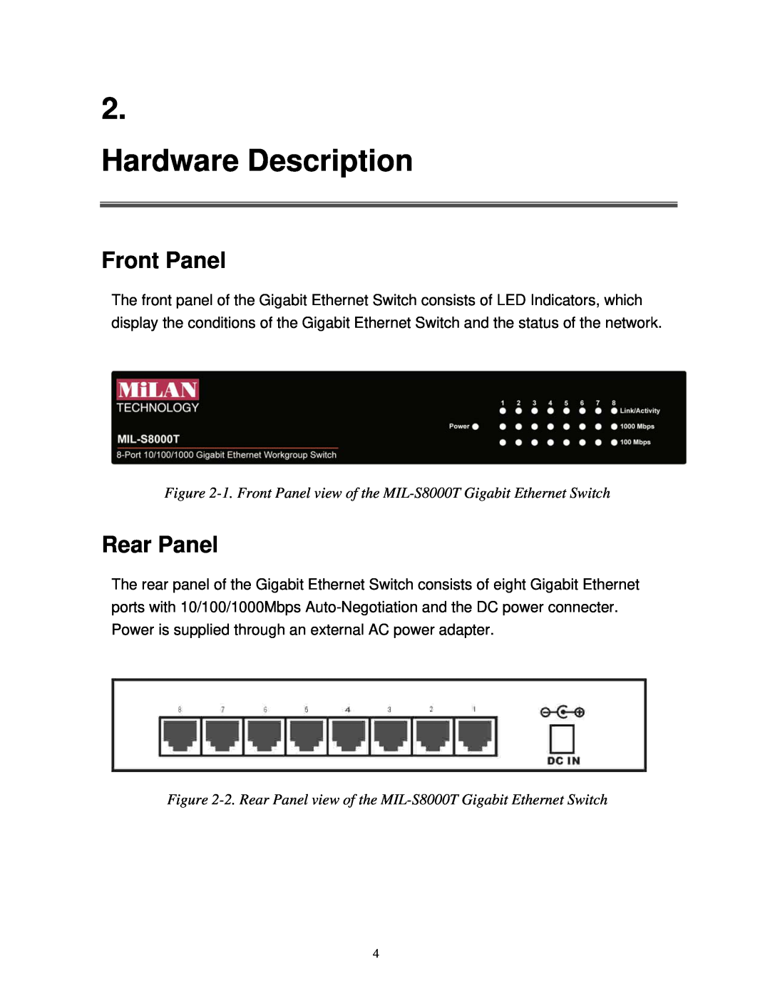 Milan Technology MIL-S8000T manual Hardware Description, Front Panel, Rear Panel 