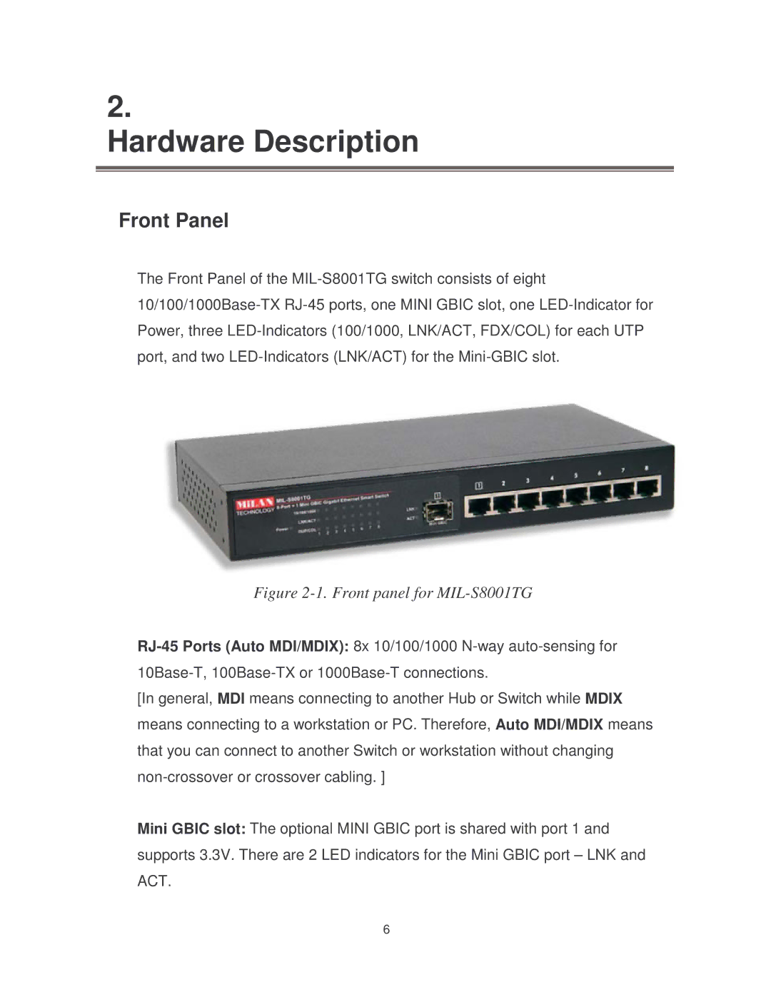 Milan Technology MIL-S8001TG manual Hardware Description, Front Panel 