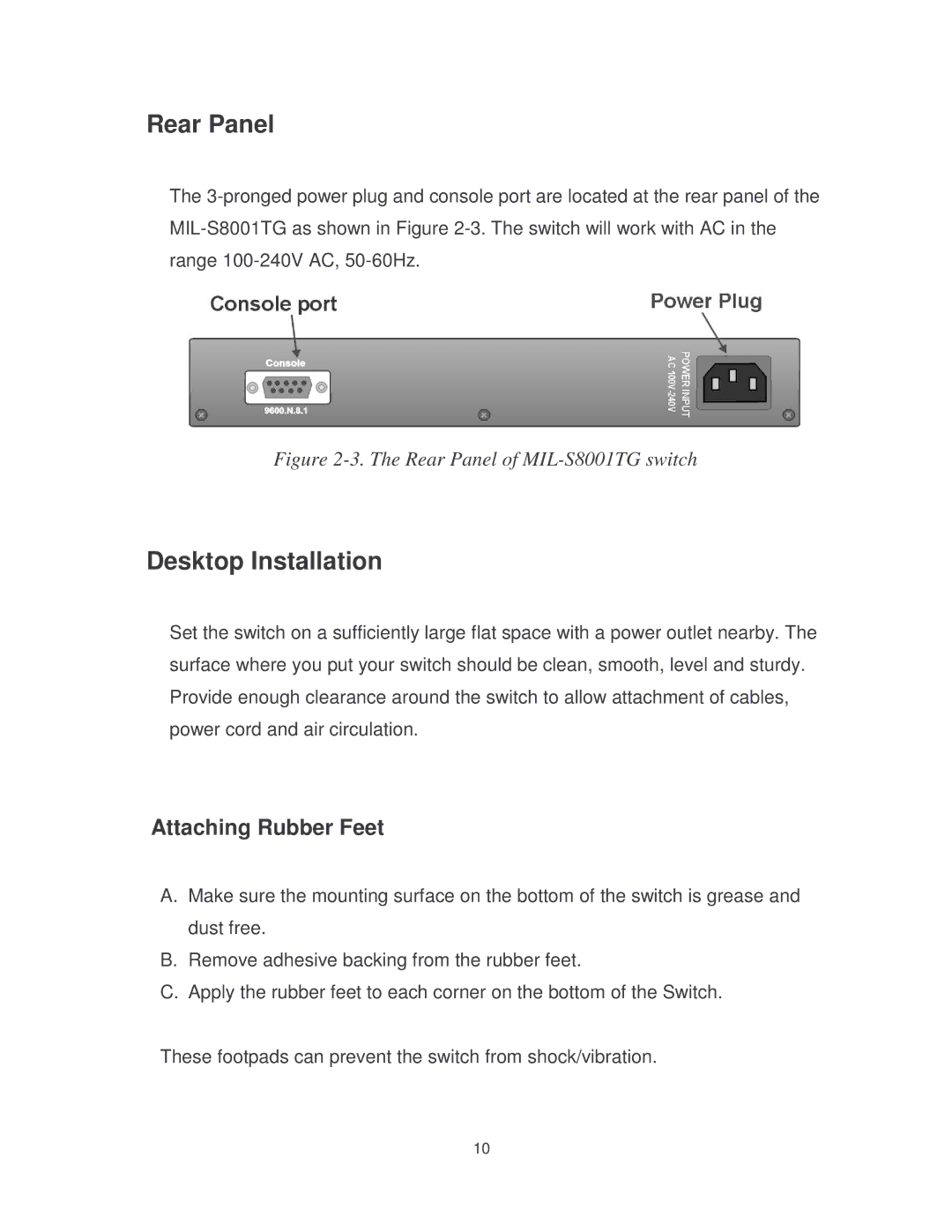 Milan Technology MIL-S8001TG manual Rear Panel, Desktop Installation, Attaching Rubber Feet 