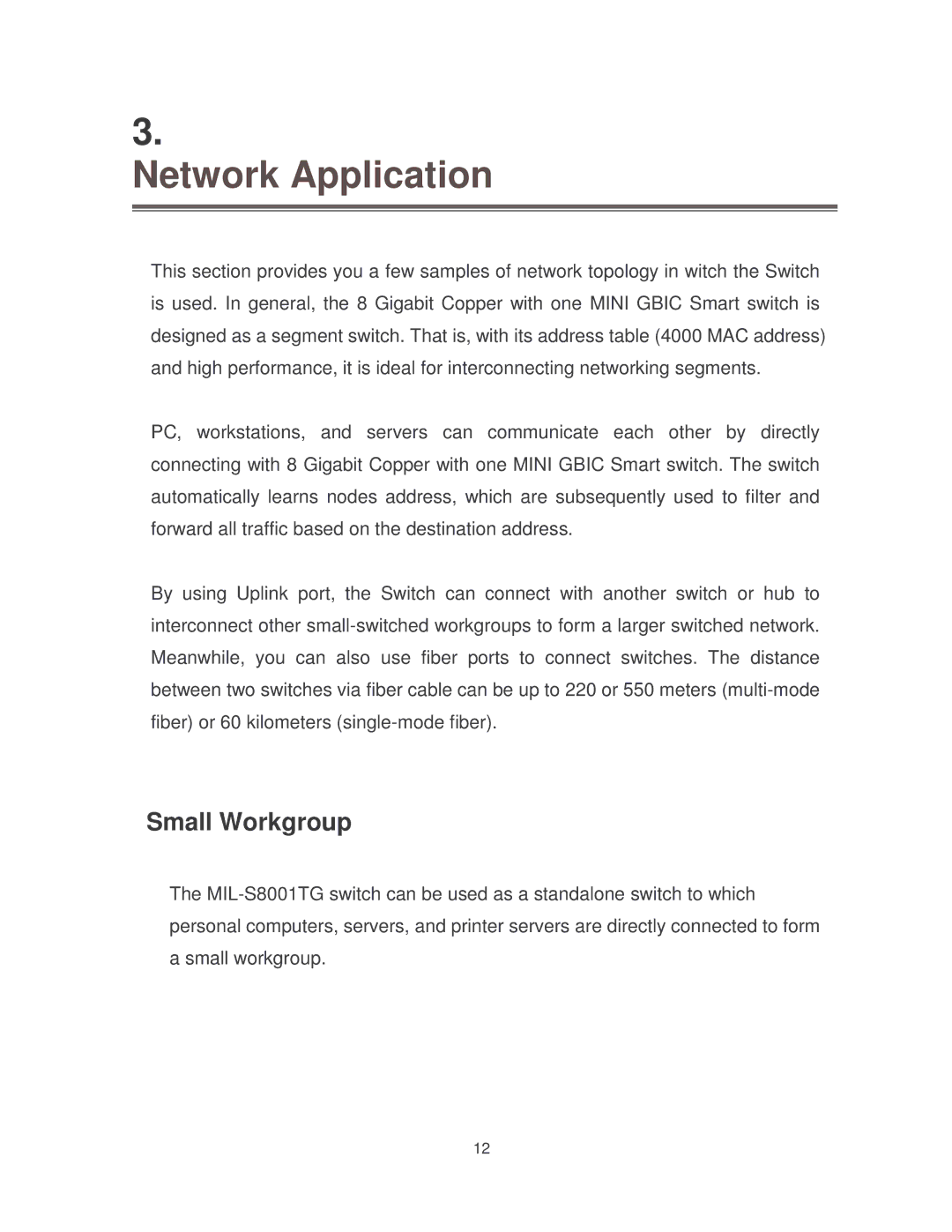 Milan Technology MIL-S8001TG manual Network Application, Small Workgroup 