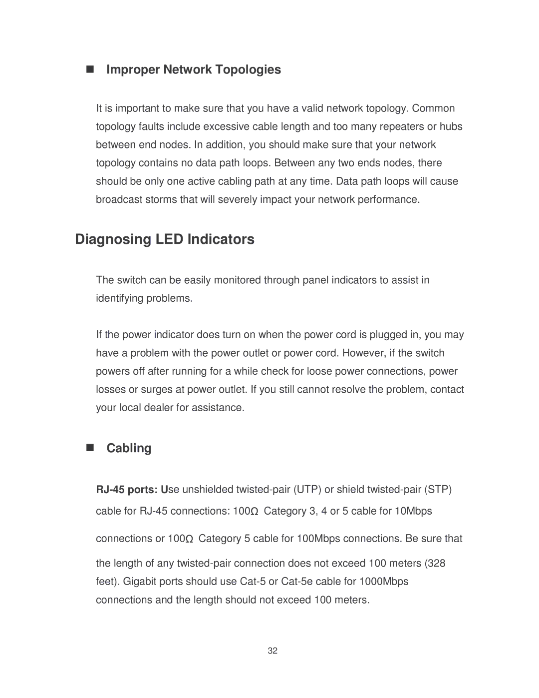 Milan Technology MIL-S8001TG manual Diagnosing LED Indicators, Improper Network Topologies, Cabling 