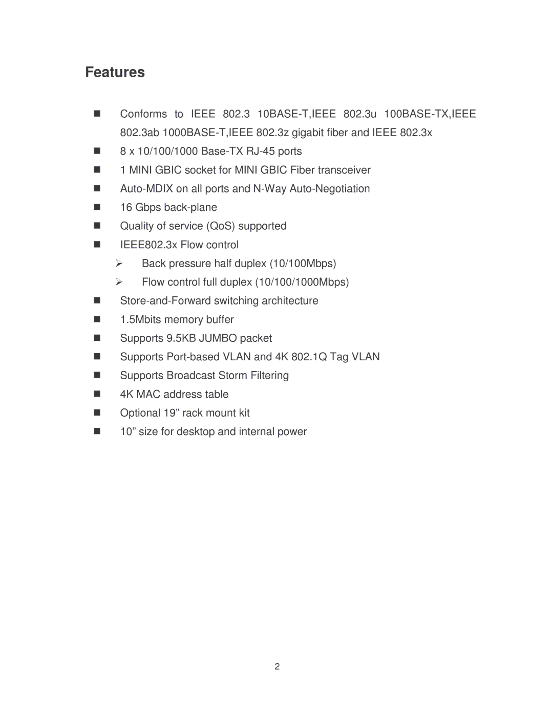 Milan Technology MIL-S8001TG manual Features 