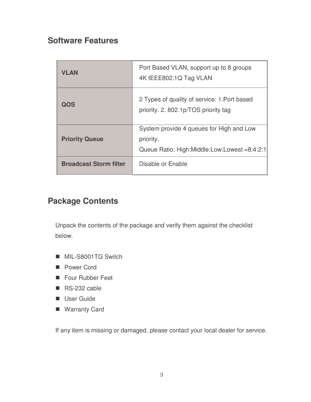 Milan Technology MIL-S8001TG manual Software Features, Package Contents 