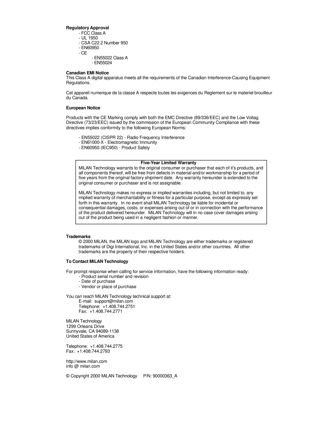 Milan Technology MIL-S801XX user manual Regulatory Approval 