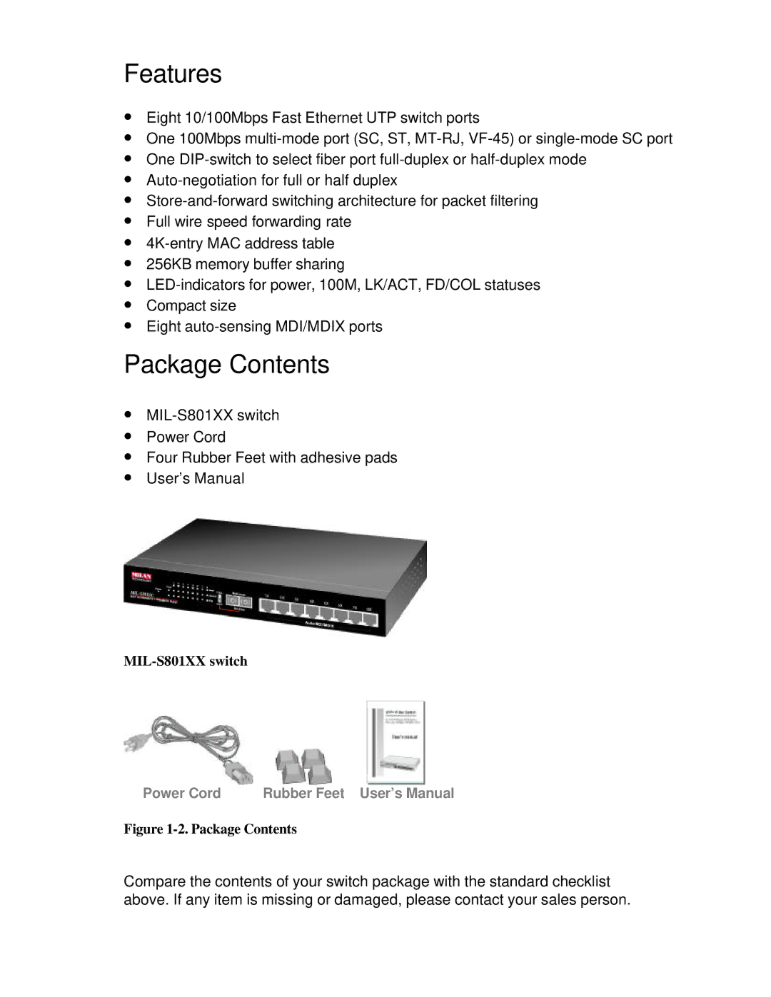 Milan Technology MIL-S801XX user manual Features, Package Contents 