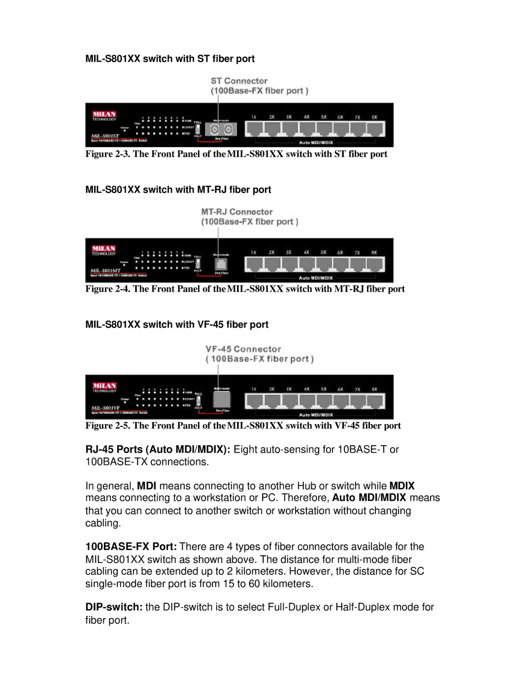 Milan Technology user manual MIL-S801XX switch with ST fiber port 