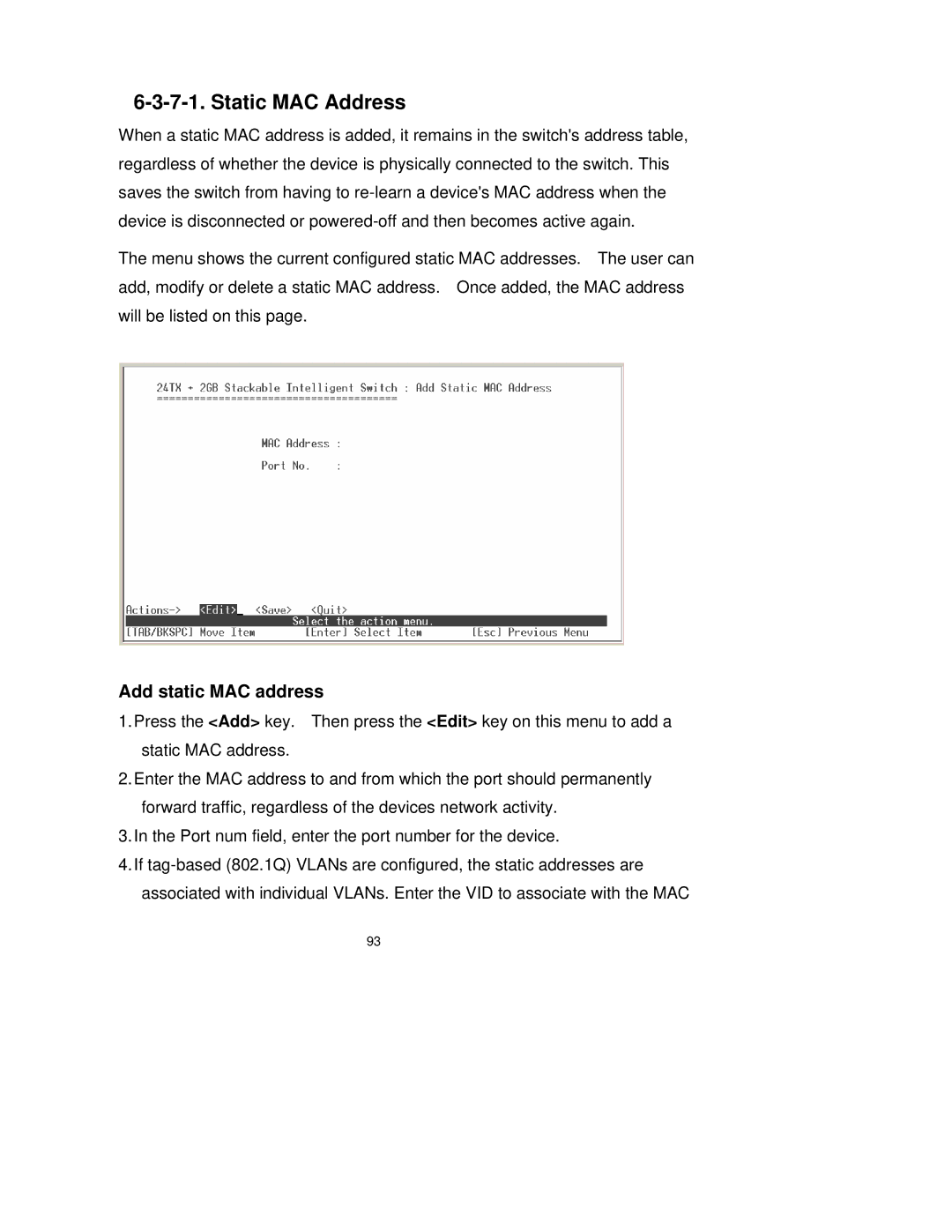 Milan Technology MIL-SM2401M-STK manual Static MAC Address, Add static MAC address 